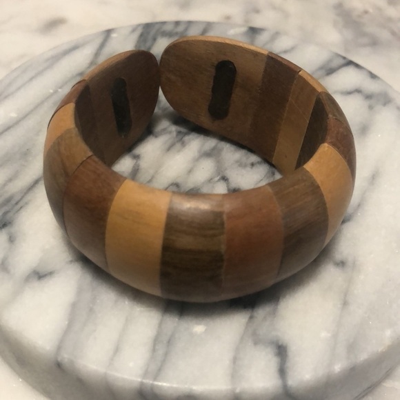 vtg Wooden Articulated Panel Assorted Multi Colour Cuff Bangle 7” - Picture 2 of 10